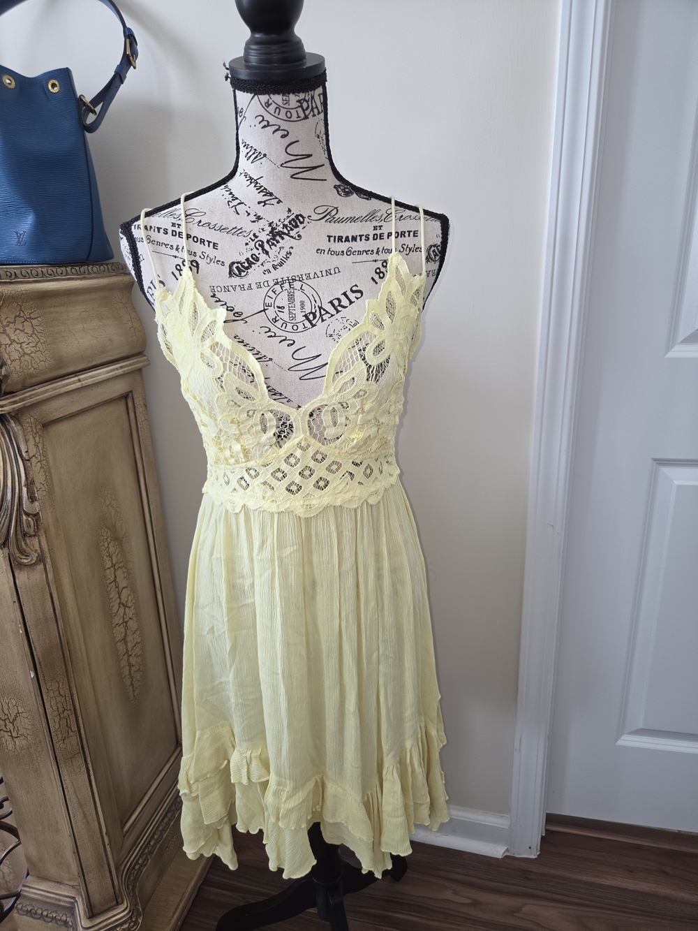 Free People Pale Yellow Lace-Trim Mini Dress
